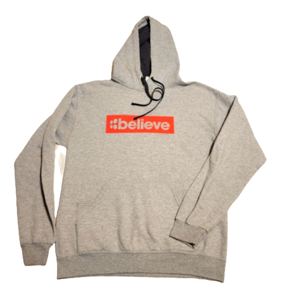Fruit of the Loom "believe" gray long-sleeved hooded sweatshirt size medium